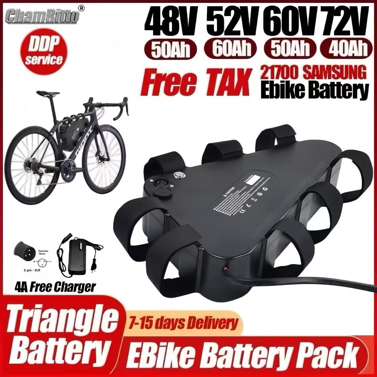 72V 50Ah 21700 Lithium Battery - 36V 48V 52V 60V 72V電動自転車用チャムライダー三角形バッテリー 30ah